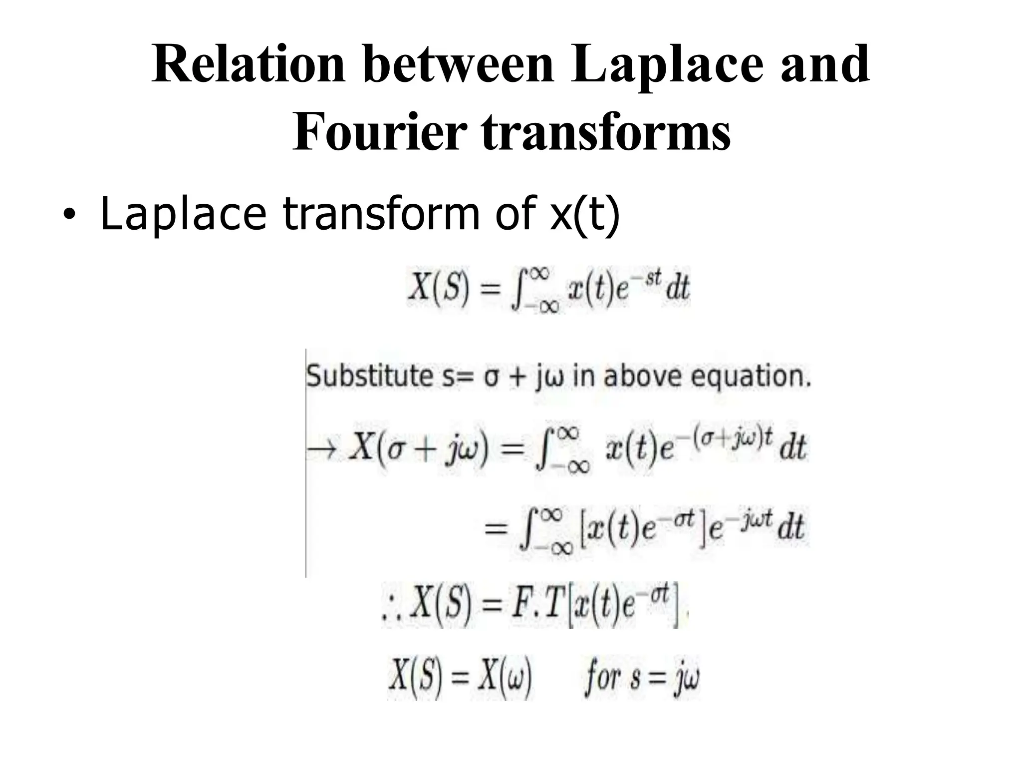 Relation between Laplace and
Fourier transforms
• Laplace transform of x(t)
 