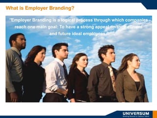 What is Employer Branding?

 ”Employer Branding is a logical process through which companies
   reach one main goal: To have a strong appeal on their current
                   and future ideal employees.”
 