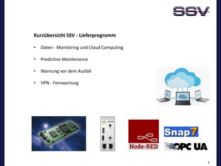 1
1
Kurzübersicht SSV - Lieferprogramm
• Daten - Monitoring und Cloud Computing
• Predictive Maintenance
• Warnung vor dem Ausfall
• VPN - Fernwartung
 