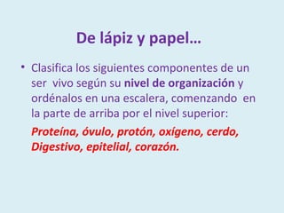 De lápiz y papel…
• Clasifica los siguientes componentes de un
  ser vivo según su nivel de organización y
  ordénalos en una escalera, comenzando en
  la parte de arriba por el nivel superior:
  Proteína, óvulo, protón, oxígeno, cerdo,
  Digestivo, epitelial, corazón.
 