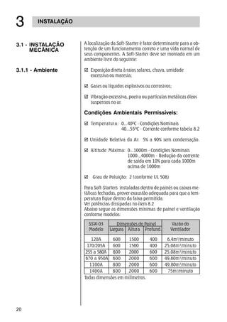 20
INSTALAÇÃO
!
3.1 - INSTALAÇÃO
MECÂNICA
3.1.1 - Ambiente
A localização da Soft-Starter é fator determinante para a ob-
tenção de um funcionamento correto e uma vida normal de
seus componentes. A Soft-Starter deve ser montada em um
ambiente livre do seguinte:
þ Exposição direta à raios solares, chuva, umidade
excessiva ou maresia;
þ Gases ou líquidos explosivos ou corrosivos;
þ Vibração excessiva, poeira ou partículas metálicas óleos
suspensos no ar.
Condições Ambientais Permissíveis:
þ Temperatura: 0...40ºC - Condições Nominais
40...55ºC - Corrente conforme tabela 8.2
þ Umidade Relativa do Ar: 5% a 90% sem condensação.
þ Altitude Máxima: 0...1000m - Condições Nominais
1000...4000m - Redução da corrente
de saída em 10% para cada 1000m
acima de 1000m
þ Grau de Poluição: 2 (conforme UL 508)
Para Soft-Starters instaladas dentro de painés ou caixas me-
tálicas fechadas, prover exaustão adequada para que a tem-
peratura fique dentro da faixa permitida.
Ver potências dissipadas no ítem 8.2
Abaixo segue as dimensões mínimas de painel e ventilação
conforme modelos:
SSW-03 Dimensões do Painel Vazão do
Modelo Largura Altura Profund. Ventilador
120A 600 1500 400 6,4m³/minuto
170/205A 600 1500 400 25,08m³/minuto
255 a 580A 800 2000 600 25,08m³/minuto
670 a 950A 800 2000 600 49,80m³/minuto
1100A 800 2000 600 49,80m3
/minuto
1400A 800 2000 600 75m3
/minuto
Todas dimensões em milímetros.
 