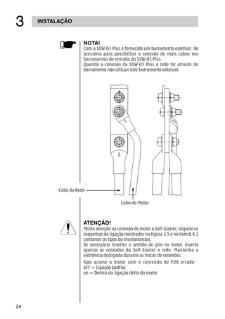 24
INSTALAÇÃO
!
NOTA!
Com a SSW-03 Plus é fornecido um barramento extensor de
acessório para possibilitar a conexão de mais cabos nos
barramentos de entrada da SSW-03 Plus.
Quando a conexão da SSW-03 Plus à rede for através de
barramento não utilizar este barramento extensor.
Cabo do Motor
Cabo da Rede
ATENÇÃO!
Muita atenção na conexão do motor a Soft-Starter, respeite os
esquemas de ligação mostrados na figura 3.5 e no ítem 6.4.1
conforme os tipos de enrolamentos.
Se necessário inverter o sentido de giro no motor, inverta
apenas as conexões da Soft-Starter a rede. Mantenha a
eletrônica desligada durante as trocas de conexões.
Não acione o motor com o conteúdo de P28 errado:
oFF = Ligação padrão
on = Dentro da ligação delta do motor
 