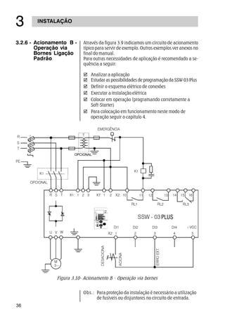 36
INSTALAÇÃO
!
3.2.6 - Acionamento B -
Operação via
Bornes Ligação
Padrão
Através da figura 3.9 indicamos um circuito de acionamento
típico para servir de exemplo. Outros exemplos ver anexos no
final do manual.
Para outras necessidades de aplicação é recomendado a se-
quência a seguir:
þ Analizar a aplicação
þ Estudar as possibilidades de programação da SSW-03 Plus
þ Definir o esquema elétrico de conexões
þ Executar a instalação elétrica
þ Colocar em operação (programando corretamente a
Soft-Starter)
þ Para colocação em funcionamento neste modo de
operação seguir o capítulo 4.
Obs.: Para proteção da instalação é necessário a utilização
de fusíveis ou disjuntores no circuito de entrada.
Figura 3.10- Acionamento B - Operação via bornes
OPCIONAL
 