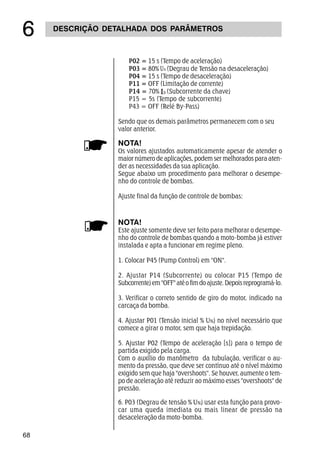 68
DESCRIÇÃO DETALHADA DOS PARÂMETROS
$
NOTA!
Este ajuste somente deve ser feito para melhorar o desempe-
nho do controle de bombas quando a moto-bomba já estiver
instalada e apta a funcionar em regime pleno.
1. Colocar P45 (Pump Control) em ON.
2. Ajustar P14 (Subcorrente) ou colocar P15 (Tempo de
Subcorrente)emOFFatéofimdoajuste.Depoisreprogramá-lo.
3. Verificar o correto sentido de giro do motor, indicado na
carcaça da bomba.
4. Ajustar P01 (Tensão inicial % UN) no nível necessário que
comece a girar o motor, sem que haja trepidação.
5. Ajustar P02 (Tempo de aceleração [s]) para o tempo de
partida exigido pela carga.
Com o auxílio do manômetro da tubulação, verificar o au-
mento da pressão, que deve ser contínuo até o nível máximo
exigido sem que haja overshoots. Se houver, aumente o tem-
po de aceleração até reduzir ao máximo esses overshoots de
pressão.
6. P03 (Degrau de tensão % UN) usar esta função para provo-
car uma queda imediata ou mais linear de pressão na
desaceleração da moto-bomba.
P02 = 15 s (Tempo de aceleração)
P03 = 80% (Degrau de Tensão na desaceleração)
P04 = 15 s (Tempo de desaceleração)
P11 = OFF (Limitação de corrente)
P14 = 70% (Subcorrente da chave)
P15 = 5s (Tempo de subcorrente)
P43 = OFF (Relé By-Pass)
Sendo que os demais parâmetros permanecem com o seu
valor anterior.
NOTA!
Os valores ajustados automaticamente apesar de atender o
maior número de aplicações, podem ser melhorados para aten-
der as necessidades da sua aplicação.
Segue abaixo um procedimento para melhorar o desempe-
nho do controle de bombas.
Ajuste final da função de controle de bombas:
 