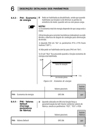 73
Pode ser habilitada ou desabilitada, sendo que quando
habilitada sua função é a de diminuir as perdas no
entreferro do motor, quando sem ou com pouca carga.
NOTA!
1) A economia total de energia depende de que carga está o
motor.
2)Esta função gera correntes harmônicas indesejáveis na rede
devido a abertura do ângulo de condução para diminuição
da tensão.
6.4.3 - P44 - Economia
de energia
DESCRIÇÃO DETALHADA DOS PARÂMETROS
$
P44 - Economia de energia OFF, ON
Valores possíveis
Padrão
Fábrica
OFF
6.4.4 - P46 - Valores
Default
(Carrega
parâmetros
de fábrica)
P46 - Valores Default OFF, ON
Valores possíveis
Padrão
Fábrica
OFF
Quando colocada em ON esta função força a
parametrização da Soft-Starter conforme valores de
fábrica, exceto os parâmetros “P22”, “P23” e P28.
3) Quando P44 em On os parâmetros P74 e P76 ficam
inativos (“OFF”).
4) Não pode ser habilitada com by-pass (P43 em On).
5) O Led “Run” fica piscando quando a função economia de
energia esta habilitada.
Figura 6.6 - Economia de energia
 