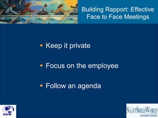 Building Rapport: Effective
               Face to Face Meetings



 Keep it private

 Focus on the employee

 Follow an agenda


                                    42
 
