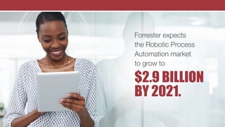 Forrester expects
the Robotic Process
Automation market
to grow to
$2.9 BILLION
BY 2021.
 