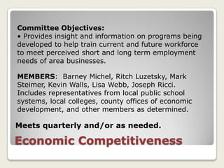 Committee Objectives:
• Provides insight and information on programs being
developed to help train current and future workforce
to meet perceived short and long term employment
needs of area businesses.

MEMBERS: Barney Michel, Ritch Luzetsky, Mark
Steimer, Kevin Walls, Lisa Webb, Joseph Ricci.
Includes representatives from local public school
systems, local colleges, county offices of economic
development, and other members as determined.

Meets quarterly and/or as needed.

Economic Competitiveness
 