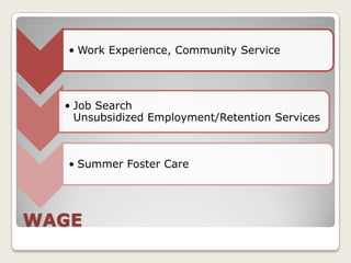 • Work Experience, Community Service




  • Job Search
    Unsubsidized Employment/Retention Services



   • Summer Foster Care




WAGE
 