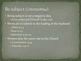  Being subject is not a negative idea 
 Christ subjected Himself (Luke 2:51) 
 Wives are to submit to the leading of the husband 
 1 Peter 3:1-4 
 Titus 2:3-5 
 Ephesians 5:22-24 
 Women play the same role in the Church 
 1 Corinthians 14:34 
 1 Timothy 2:9-12 
 