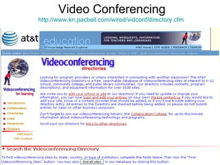 Video Conferencing http://www.kn.pacbell.com/wired/vidconf/directory.cfm     