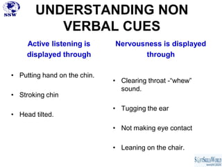 UNDERSTANDING NON
          VERBAL CUES
     Active listening is      Nervousness is displayed
     displayed through     ...
