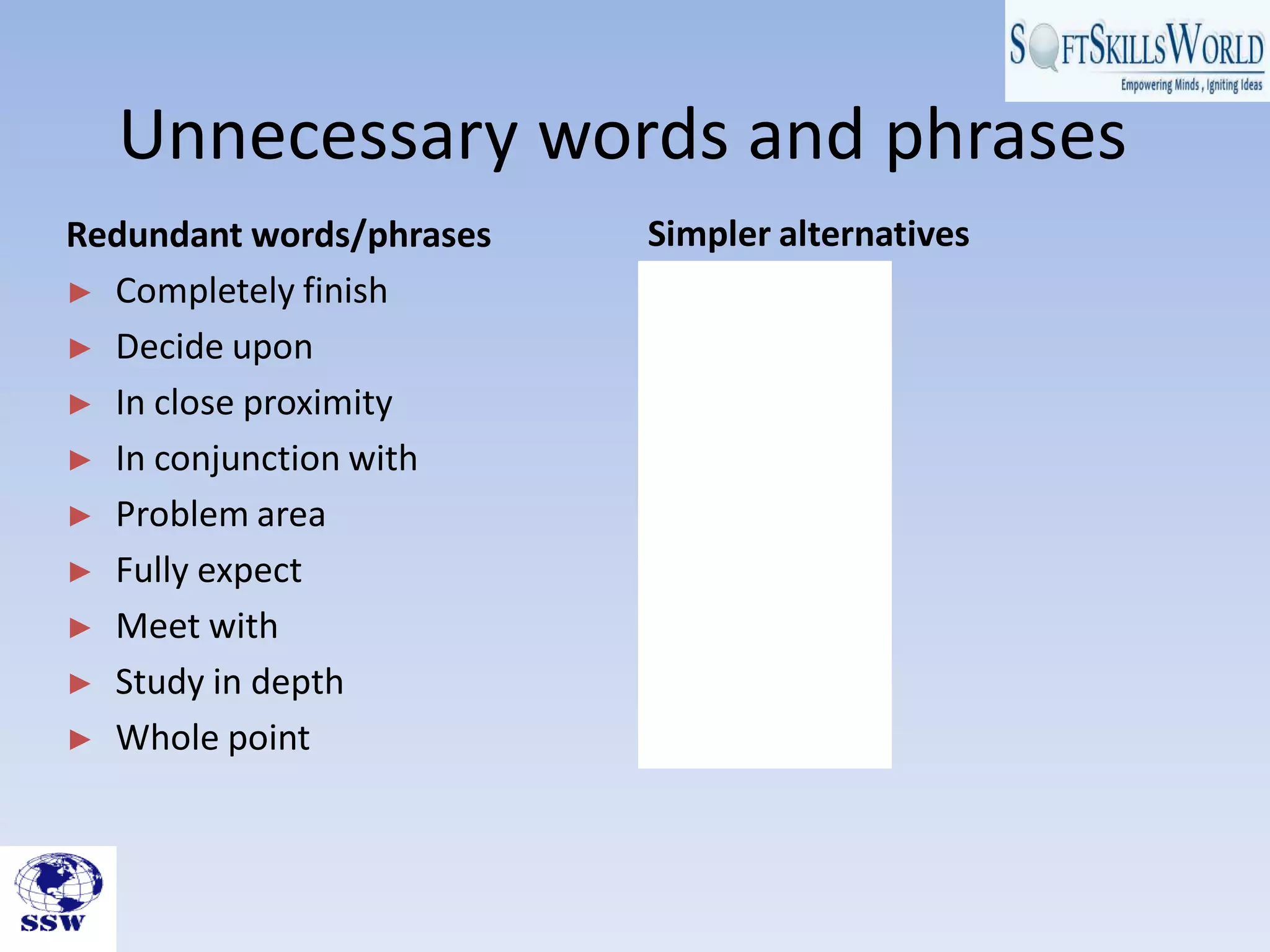 Unnecessary words and phrases
Redundant words/phrases   Simpler alternatives
► Completely finish       • Finish
► Decide upon             • Decide
► In close proximity      • Close
► In conjunction with     • With
► Problem area            • Problem
► Fully expect            • Expect
► Meet with               • Meet
► Study in depth          • Study
► Whole point             • Point
 