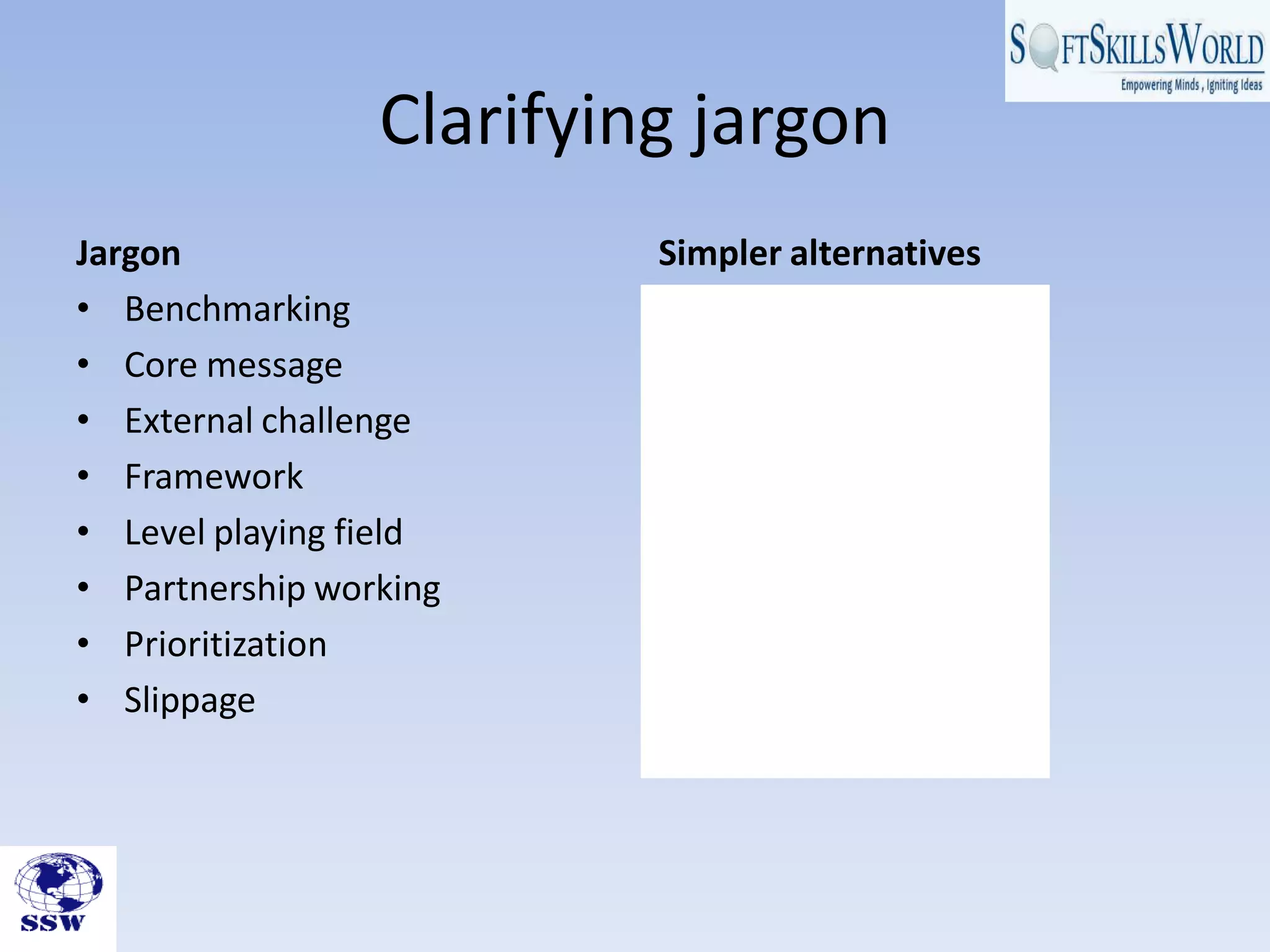 Clarifying jargon
Jargon                    Simpler alternatives
• Benchmarking            • Measuring
• Core message            • Main point
• External challenge      • Outside pressures
• Framework               • Guide
• Level playing field     • All equal
• Partnership working     • Working together
• Prioritization          • Most important
• Slippage                • Delay
 