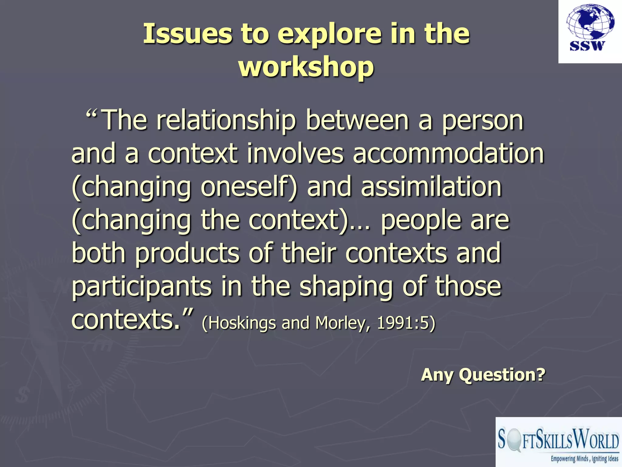 Issues to explore in the
             workshop
“The relationship between a person
and a context involves accommodation
(changing oneself) and assimilation
(changing the context)… people are
both products of their contexts and
participants in the shaping of those
contexts.” (Hoskings and Morley, 1991:5)
                             Any Question?
 