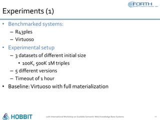 Experiments	(1)		
•  Benchmarked	systems:	
–  R43ples	
–  Virtuoso	
•  Experimental	setup	
–  3	datasets	of	diﬀerent	initial	size	
•  100K,	500K	1M	triples	
–  5	diﬀerent	versions	
–  Timeout	of	1	hour		
•  Baseline:	Virtuoso	with	full	materialization		
12th	International	Workshop	on	Scalable	Semantic	Web	Knowledge	Base	Systems	 20	
 