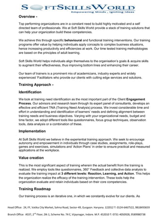 Overview -
         Top performing organizations are in a constant need to build highly motivated and a self
         directed team of professionals. We at Soft Skills World provide a stack of training solutions that
         can help your organization build these competencies.

         We achieve this through specific behavioural and functional training interventions. Our training
         programs offer value by helping individuals apply concepts to complex business situations,
         hence increasing productivity and efficiencies at work. Our time tested training methodologies
         are based on the principles of adult learning.

         Soft Skills World helps individuals align themselves to the organisation’s goals & acquire skills
         to augment their effectiveness, thus improving bottom lines and enhancing their career.

         Our team of trainers is a prominent mix of academicians, industry experts and widely
         experienced ‘Facilitators who provide our clients with cutting edge services and solutions.

         Training Approach -

         Identification
         We look at training need identification as the most important part of the Client Engagement
         Process. Our advisors and research team through its expert panel of consultants, develops an
         effective and efficient TNA (Training Need Analysis) process. We invest considerable time and
         effort in understanding and identification of learners’ needs and defining alignment between
         training needs and business objectives. Varying with your organizational needs, budget and
         time factor, we adopt different tools like questionnaires, focus group techniques, observation
         tools, data analysis or a combination of these.

         Implementation

         At Soft Skills World we believe in the experiential training approach. We seek to encourage
         autonomy and empowerment in individuals through case studies, assignments, role-plays,
         games and exercises, simulations and ‘Action Plans’ in order to ensure practical and measured
         applications at the workplace.

         Value creation

         This is the most significant aspect of training wherein the actual benefit from the training is
         realized. We employ tools like questionnaires, 360° Feedback and collective data analysis to
         evaluate the training impact at 3 different levels: Reaction, Learning, and Action. This helps
         the organization realize the efficacy of the training intervention. These tools help the
         organization evaluate and retain individuals based on their core competencies.

         Training Roadmap
         Our training process is an iterative one, in which we constantly evolve for our clients. As


Head Office: 24, FF, Vatika City Market, Sohna Road, Sector-49, Gurgaon. Haryana. 122012 T: 0124-6467522, 9818493659

Branch Office: #337, 2nd Floor, DK-1, Scheme No. 74 C, Vijaynagar, Indore. M.P. 452010 T: 0731-4050928, 9589980738
 