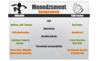 Menedzsment
                           Kompetencia
    iWowWe                                              Talk Fusion
                                   CEO
William „Bill” Starkey                                   Bob Reina
                                Végzettség
 PhD Informatikus                                        Rendőrtiszt
                              Korábbi üzletek
 Építőipari mágnás                                     Travel Reaction
      Amway                                              Több MLM
                         Társadalmi szerepvállalás
iCare, iGive, iWowWe                                 The Humane Society
philantropic program                                    of Tampa Bay
 
