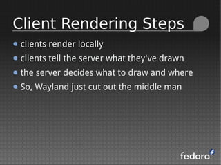 clients render locally
clients tell the server what they've drawn
the server decides what to draw and where
So, Wayland just cut out the middle man
Client Rendering Steps
 