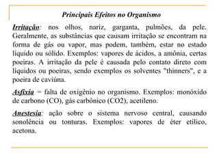 Principais Efeitos no Organismo
Irritação: nos olhos, nariz, garganta, pulmões, da pele.
Geralmente, as substâncias que causam irritação se encontram na
forma de gás ou vapor, mas podem, também, estar no estado
líquido ou sólido. Exemplos: vapores de ácidos, a amônia, certas
poeiras. A irritação da pele é causada pelo contato direto com
líquidos ou poeiras, sendo exemplos os solventes "thinners", e a
poeira de caviúna.
Asfixia = falta de oxigênio no organismo. Exemplos: monóxido
de carbono (CO), gás carbônico (CO2), acetileno.
Anestesia: ação sobre o sistema nervoso central, causando
sonolência ou tonturas. Exemplos: vapores de éter etílico,
acetona.
 