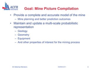 Goal: Mine Picture Compilation
• Provide a complete and accurate model of the mine
    – Mine planning and better prediction outcomes
• Maintain and update a multi-scale probabilistic
  representation
    –   Geology
    –   Geometry
    –   Equipment
    –   And other properties of interest for the mining process




 Dr Sildomar Monteiro                      IGARSS 2011            3
 
