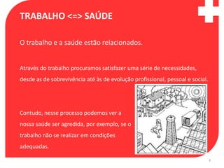 TRABALHO <=> SAÚDE

O trabalho e a saúde estão relacionados.


Através do trabalho procuramos satisfazer uma série de necessidades,
desde as de sobrevivência até às de evolução profissional, pessoal e social.




Contudo, nesse processo podemos ver a
nossa saúde ser agredida, por exemplo, se o
trabalho não se realizar em condições
adequadas.

                                                                               3
 