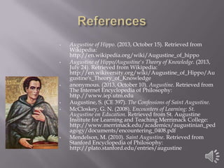 •

•

•

•
•

•

Augustine of Hippo. (2013, October 15). Retrieved from
Wikipedia:
http://en.wikipedia.org/wiki/Augustine_of_hippo
Augustine of Hippo/Augustine's Theory of Knowledge. (2013,
July 24). Retrieved from Wikipedia:
http://en.wikiversity.org/wiki/Augustine_of_Hippo/Au
gustine's_Theory_of_Knowledge
anonymous. (2013, October 10). Augustine. Retrieved from
The Internet Encyclopedia of Philosophy:
http.//www.iep.utm.edu
Augustine, S. (CE 397). The Confessions of Saint Augustine.
McCloskey, G. N. (2008). Encounters of Learning: St.
Augustine on Education. Retrieved from St. Augustine
Institute for Learning and Teaching Merrimack College:
http://www.merrimack.edu/academics/augustinian_ped
agogy/documents/encountering_0408.pdf
Mendelson, M. (2010). Saint Augustine. Retrieved from
Stanford Encyclopedia of Philosophy:
http://plato.stanford.edu/entries/augustine

 
