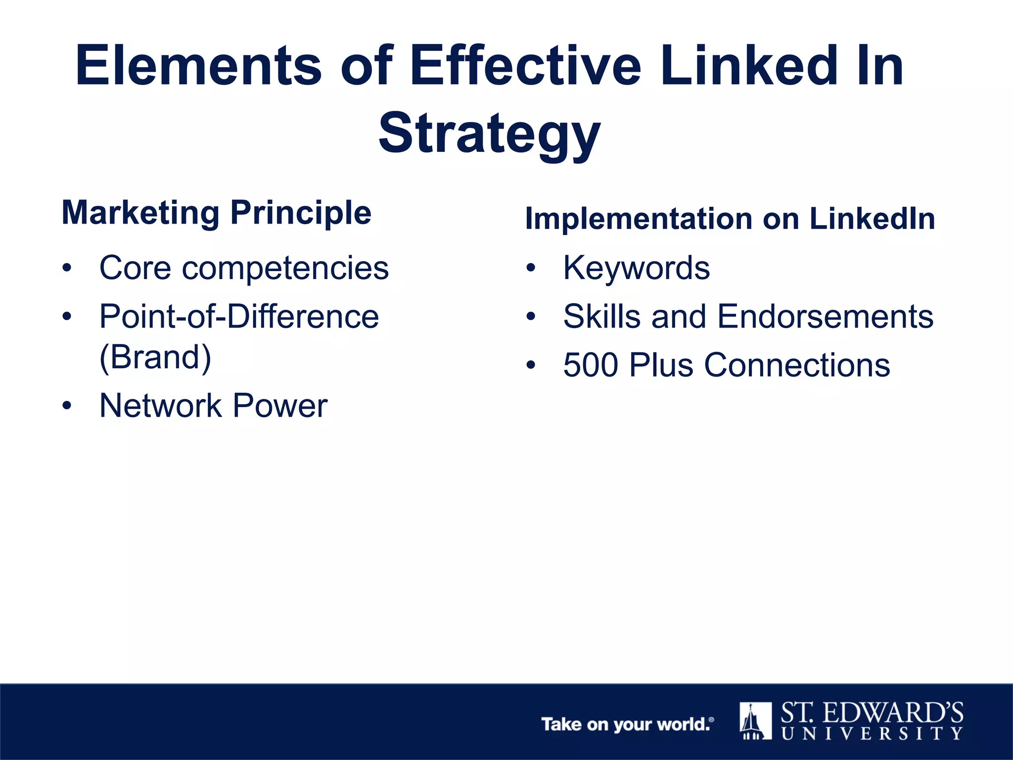 Elements of Effective Linked In
Strategy
Marketing Principle
• Core competencies
• Point-of-Difference
(Brand)
• Network Power
Implementation on LinkedIn
• Keywords
• Skills and Endorsements
• 500 Plus Connections
 