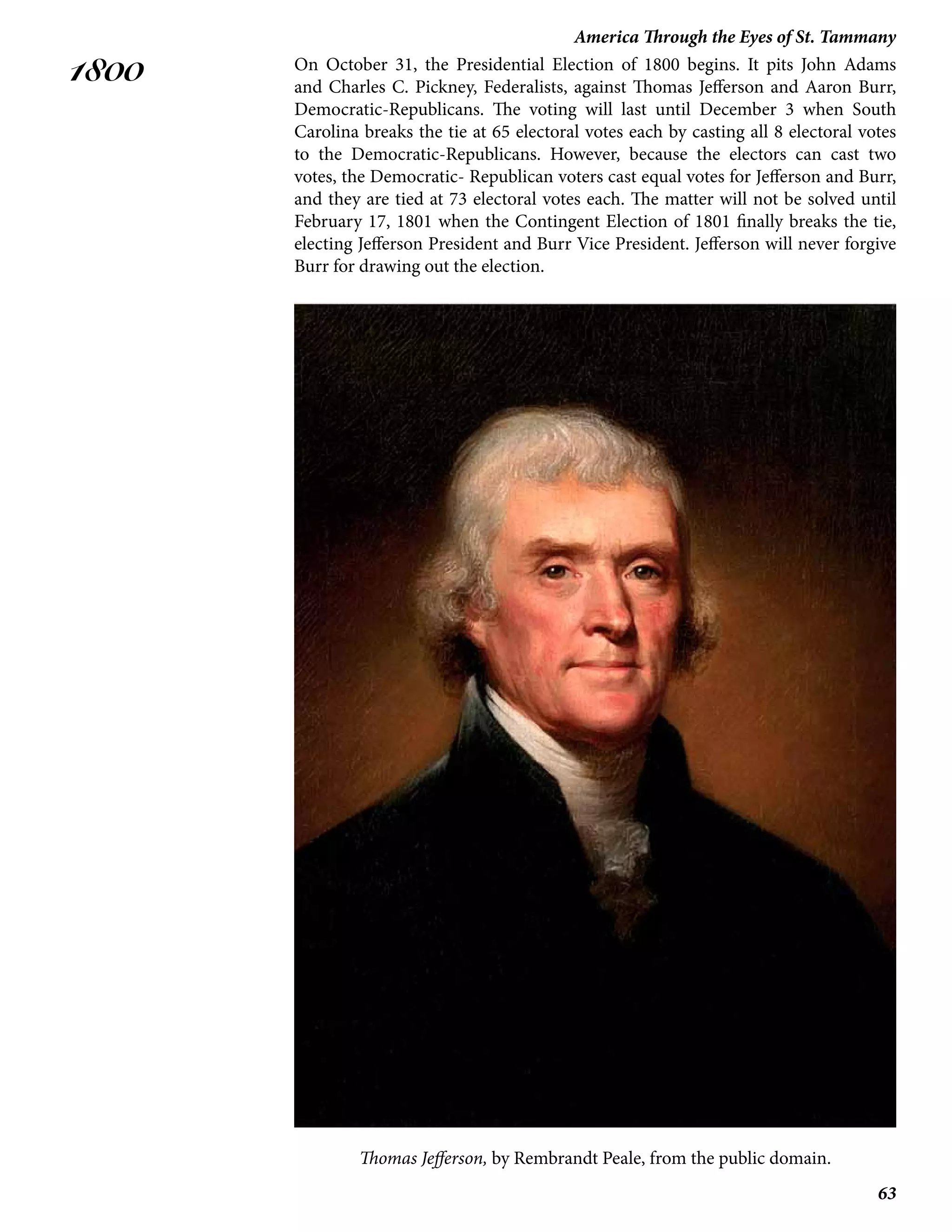 63
America Through the Eyes of St. Tammany
1800 On October 31, the Presidential Election of 1800 begins. It pits John Adams
and Charles C. Pickney, Federalists, against Thomas Jefferson and Aaron Burr,
Democratic-Republicans. The voting will last until December 3 when South
Carolina breaks the tie at 65 electoral votes each by casting all 8 electoral votes
to the Democratic-Republicans. However, because the electors can cast two
votes, the Democratic- Republican voters cast equal votes for Jefferson and Burr,
and they are tied at 73 electoral votes each. The matter will not be solved until
February 17, 1801 when the Contingent Election of 1801 finally breaks the tie,
electing Jefferson President and Burr Vice President. Jefferson will never forgive
Burr for drawing out the election.
Thomas Jefferson, by Rembrandt Peale, from the public domain.
 