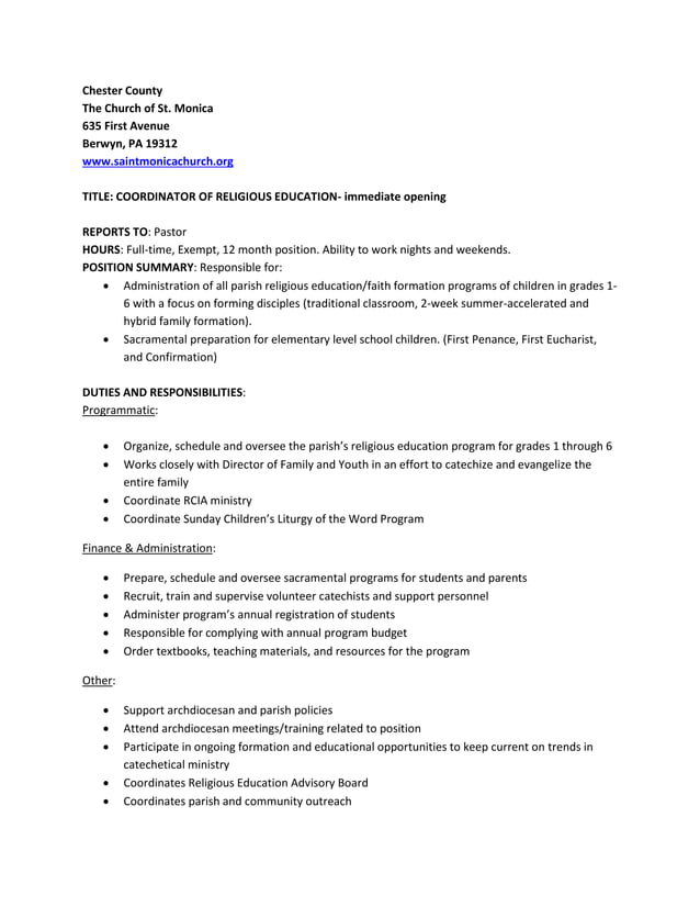 St. Monica Director Religious Ed Job Description PDF