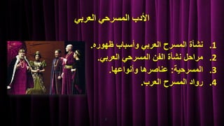 ‫العربي‬ ‫المسرحي‬ ‫األدب‬
7
.1
‫ظهوره‬ ‫وأسباب‬ ‫العربي‬ ‫المسرح‬ ‫نشأة‬
.
.2
‫العربي‬ ‫المسرحي‬ ‫الفن‬ ‫نشأة‬ ‫مراحل‬
.
.3
‫المسرحية‬
:
‫وأنواعها‬ ‫عناصرها‬
.
.4
‫العرب‬ ‫المسرح‬ ‫رواد‬
.
 