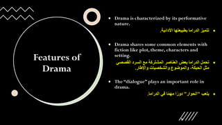 Features of
Drama
• Drama is characterized by its performative
nature.
•
‫األدائية‬ ‫بطبيعتها‬ ‫الدراما‬ ‫تتميز‬
.
• Drama shares some common elements with
fiction like plot, theme, characters and
setting.
•
‫القصص‬ ‫السرد‬ ‫مع‬ ‫المشتركة‬ ‫العناصر‬ ‫بعض‬ ‫الدراما‬ ‫تحمل‬
‫ي‬
‫واإلطار‬ ‫والشخصيات‬ ‫والموضوع‬ ،‫الحبكة‬ ‫مثل‬
.
• The “dialogue” plays an important role in
drama.
•
‫يلعب‬
"
‫الحوار‬
"
‫الدراما‬ ‫في‬ ‫ا‬ً‫م‬‫مه‬ ‫ا‬ً‫دور‬
.
9
 