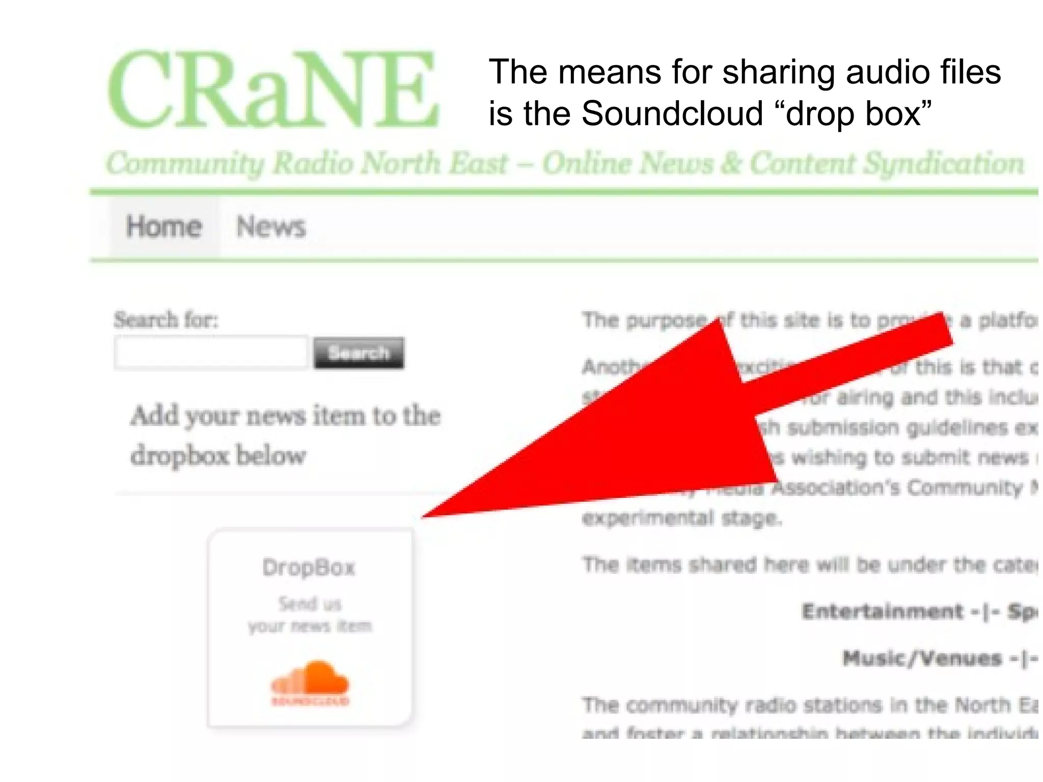 The means for sharing audio files is the Soundcloud “drop box” 