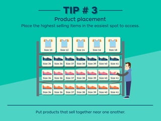 Place the highest selling items in the easiest spot to access.
Put products that sell together near one another.
TIP # 3TIP # 3
Product placement
Size 34
Size 10 Size 12 Size 14 Size 16 Size 18
Size 36 Size 37 Size 38 Size 39 Size 40 Size 41
Size 34 Size 36 Size 37 Size 38 Size 39 Size 40 Size 41
Size 34 Size 36 Size 37 Size 38 Size 39 Size 40 Size 41
 