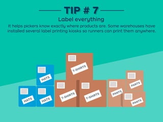 It helps pickers know exactly where products are. Some warehouses have
installed several label printing kiosks so runners can print them anywhere.
TIP # 7TIP # 7
Label everything
HATS
PANTS
PANTS
T-SHIRTS
T-SHIRTS
HATS
HATS T-SHIRTS
PANTS
 