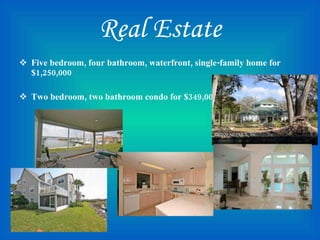 Real Estate Five bedroom, four bathroom, waterfront, single-family home for $1,250,000 Two bedroom, two bathroom condo for $349,000 