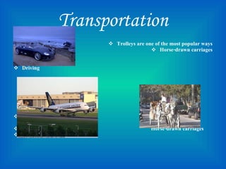 Transportation Trolleys are one of the most popular ways Horse-drawn carriages Driving Horse-drawn carriages 4 airports within a 50 mile radius  Horse-drawn carriages 