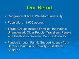 Our Remit Geographical Area: Waterford Inner City Population: 11,000 approx. Target Groups include Families, Individuals, Unemployed, Older People, Travellers, People with Disabilities, Women, Men, Children etc….. Funded through Family Support Agency from Dept of Community, Equality & Gaeltacht Affairs?? 