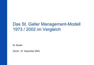Das St. Galler Management-Modell
1973 / 2002 im Vergleich


St. Studer

Zürich, 27. Dezember 2003
 