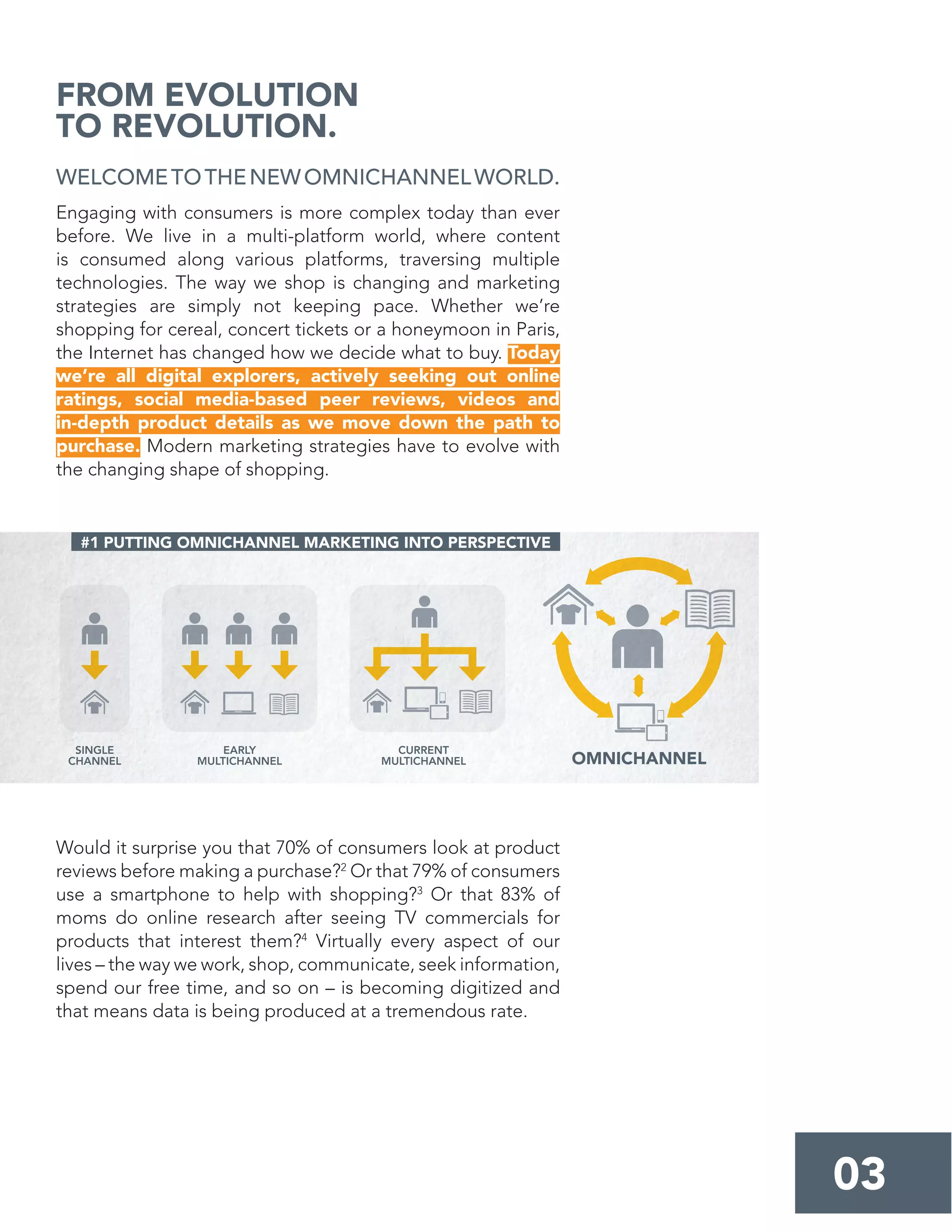 WELCOMETOTHENEWOMNICHANNELWORLD.
Engaging with consumers is more complex today than ever
before. We live in a multi-platform world, where content
is consumed along various platforms, traversing multiple
technologies. The way we shop is changing and marketing
strategies are simply not keeping pace. Whether we’re
shopping for cereal, concert tickets or a honeymoon in Paris,
the Internet has changed how we decide what to buy. Today
we’re all digital explorers, actively seeking out online
ratings, social media-based peer reviews, videos and
in-depth product details as we move down the path to
purchase. Modern marketing strategies have to evolve with
the changing shape of shopping.
Would it surprise you that 70% of consumers look at product
reviews before making a purchase?2
Or that 79% of consumers
use a smartphone to help with shopping?3
Or that 83% of
moms do online research after seeing TV commercials for
products that interest them?4
Virtually every aspect of our
lives – the way we work, shop, communicate, seek information,
spend our free time, and so on – is becoming digitized and
that means data is being produced at a tremendous rate.
FROM EVOLUTION
TO REVOLUTION.
03
#1 PUTTING OMNICHANNEL MARKETING INTO PERSPECTIVE
SINGLE
CHANNEL
EARLY
MULTICHANNEL
CURRENT
MULTICHANNEL OMNICHANNEL
 