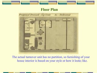 House Features   One Storey - no partition 1 Toilet & Bath Living area Dining area Provision for two bedrooms Kitchen area House Finishes   Kitchen counter Corrugated G.I. sheets Pre-cast panel system Plain cement exterior & interior walls Floor cement finish Jalousie window Tiled bathroom flooring Water closet 