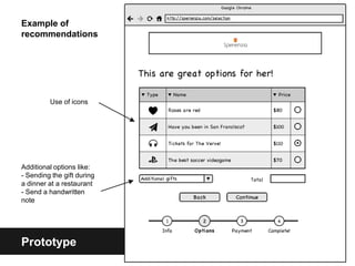 Example of
recommendations




         Use of icons




Additional options like:
- Sending the gift during
a dinner at a restaurant
- Send a handwritten
note




Prototype
 