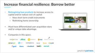 Increase  financial  resilience:  Borrow  better
• Reimagining  loan  products  to  increase  access  to  
capital  and/or  reduce  cost  of  capital:
– New  short-­‐term  credit  instruments
– Rethinking  home  ownership
• Must  have  differentiated  user  acquisition  story  
and/or  unique  data  advantage.
• Companies  in  this  space:
 