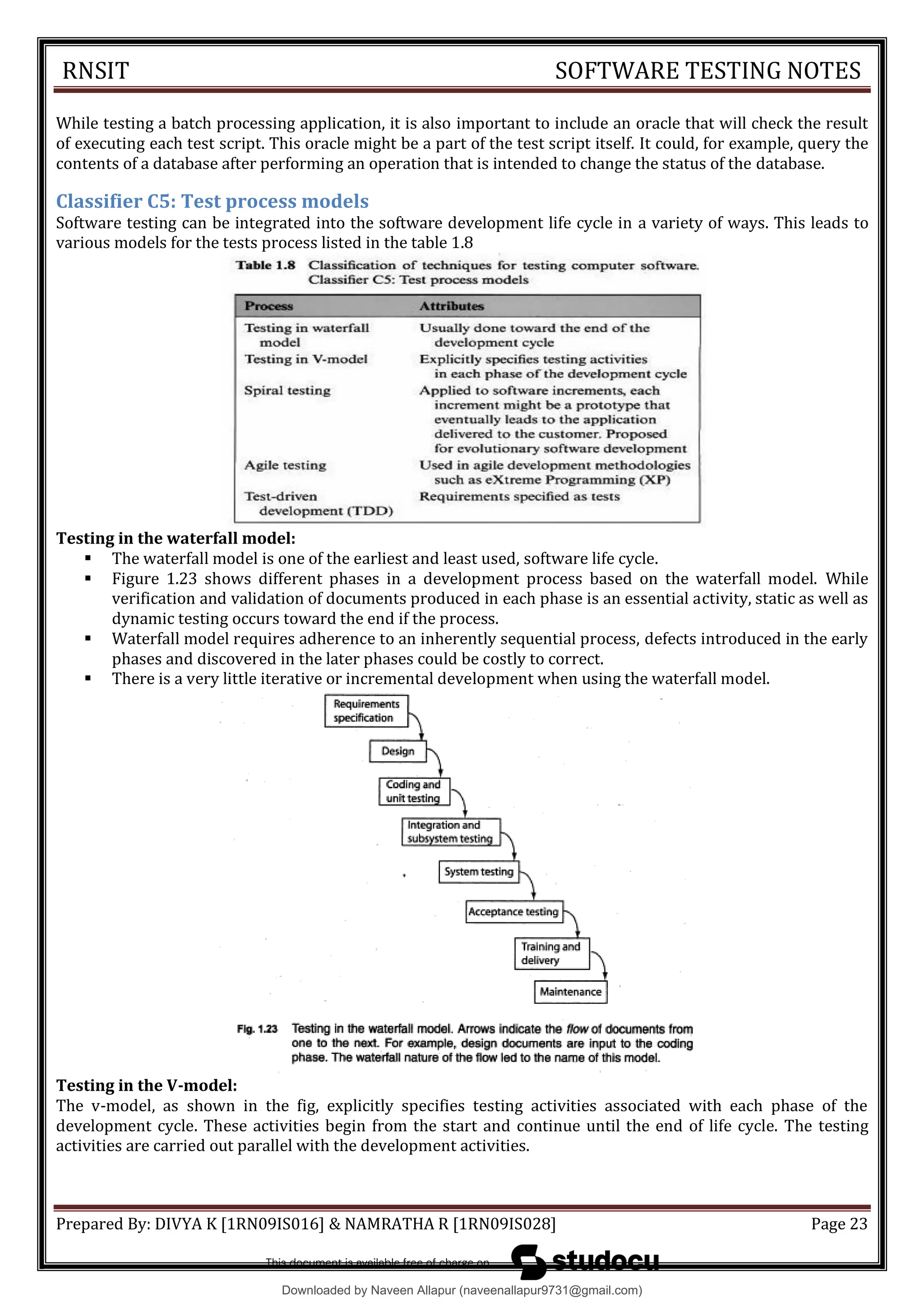 RNSIT SOFTWARE TESTING NOTES
Prepared By: DIVYA K [1RN09IS016] & NAMRATHA R [1RN09IS028] Page 23
While testing a batch processing application, it is also important to include an oracle that will check the result
of executing each test script. This oracle might be a part of the test script itself. It could, for example, query the
contents of a database after performing an operation that is intended to change the status of the database.
Classifier C5: Test process models
Software testing can be integrated into the software development life cycle in a variety of ways. This leads to
various models for the tests process listed in the table 1.8
Testing in the waterfall model:
 The waterfall model is one of the earliest and least used, software life cycle.
 Figure 1.23 shows different phases in a development process based on the waterfall model. While
verification and validation of documents produced in each phase is an essential activity, static as well as
dynamic testing occurs toward the end if the process.
 Waterfall model requires adherence to an inherently sequential process, defects introduced in the early
phases and discovered in the later phases could be costly to correct.
 There is a very little iterative or incremental development when using the waterfall model.
Testing in the V-model:
The v-model, as shown in the fig, explicitly specifies testing activities associated with each phase of the
development cycle. These activities begin from the start and continue until the end of life cycle. The testing
activities are carried out parallel with the development activities.
Downloaded by Naveen Allapur (naveenallapur9731@gmail.com)
lOMoARcPSD|35409696
 