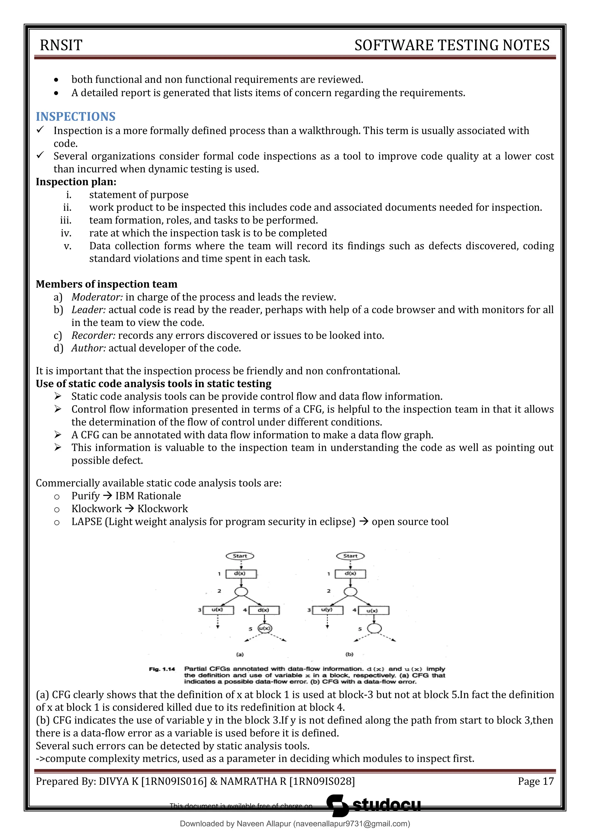 RNSIT SOFTWARE TESTING NOTES
Prepared By: DIVYA K [1RN09IS016] & NAMRATHA R [1RN09IS028] Page 17
 both functional and non functional requirements are reviewed.
 A detailed report is generated that lists items of concern regarding the requirements.
INSPECTIONS
 Inspection is a more formally defined process than a walkthrough. This term is usually associated with
code.
 Several organizations consider formal code inspections as a tool to improve code quality at a lower cost
than incurred when dynamic testing is used.
Inspection plan:
i. statement of purpose
ii. work product to be inspected this includes code and associated documents needed for inspection.
iii. team formation, roles, and tasks to be performed.
iv. rate at which the inspection task is to be completed
v. Data collection forms where the team will record its findings such as defects discovered, coding
standard violations and time spent in each task.
Members of inspection team
a) Moderator: in charge of the process and leads the review.
b) Leader: actual code is read by the reader, perhaps with help of a code browser and with monitors for all
in the team to view the code.
c) Recorder: records any errors discovered or issues to be looked into.
d) Author: actual developer of the code.
It is important that the inspection process be friendly and non confrontational.
Use of static code analysis tools in static testing
 Static code analysis tools can be provide control flow and data flow information.
 Control flow information presented in terms of a CFG, is helpful to the inspection team in that it allows
the determination of the flow of control under different conditions.
 A CFG can be annotated with data flow information to make a data flow graph.
 This information is valuable to the inspection team in understanding the code as well as pointing out
possible defect.
Commercially available static code analysis tools are:
o Purify Ā IBM Rationale
o Klockwork Ā Klockwork
o LAPSE (Light weight analysis for program security in eclipse) Ā open source tool
(a) CFG clearly shows that the definition of x at block 1 is used at block-3 but not at block 5.In fact the definition
of x at block 1 is considered killed due to its redefinition at block 4.
(b) CFG indicates the use of variable y in the block 3.If y is not defined along the path from start to block 3,then
there is a data-flow error as a variable is used before it is defined.
Several such errors can be detected by static analysis tools.
->compute complexity metrics, used as a parameter in deciding which modules to inspect first.
Downloaded by Naveen Allapur (naveenallapur9731@gmail.com)
lOMoARcPSD|35409696
 