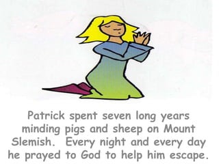 Patrick spent seven long years minding pigs and sheep on Mount Slemish.  Every night and every day he prayed to God to help him escape.