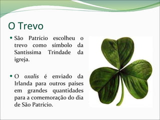 O Trevo São Patrício escolheu o trevo como símbolo da Santíssima Trindade da igreja. O  oxalis  é enviado da Irlanda para outros países em grandes quantidades para a comemoração do dia de São Patrício. 