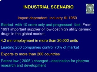 INDUSTRIAL SCENARIO

          Import dependent industry till 1950
Started with 10 crore only and progressed fast. From
1991 important supplier of low-cost high utility generic
drugs in the global market.
4.2 mn employment in more than 20,000 units
Leading 250 companies control 70% of market
Exports to more than 200 countries
Patent law ( 2005 ) changed –destination for pharma
research and development
 