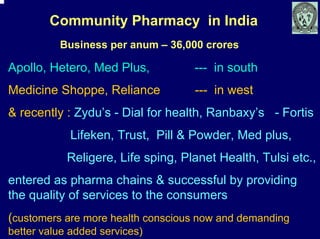 Community Pharmacy in India
          Business per anum – 36,000 crores

Apollo, Hetero, Med Plus,           --- in south
Medicine Shoppe, Reliance           --- in west
& recently : Zydu’s - Dial for health, Ranbaxy’s - Fortis
            Lifeken, Trust, Pill & Powder, Med plus,
            Religere, Life sping, Planet Health, Tulsi etc.,
entered as pharma chains & successful by providing
the quality of services to the consumers
(customers are more health conscious now and demanding
better value added services)
 