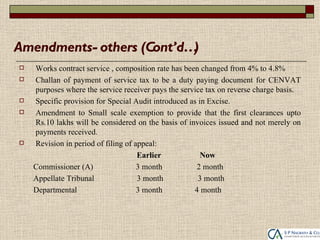 Amendments- others (Cont’d…)
   Works contract service , composition rate has been changed from 4% to 4.8%
   Challan of payment of service tax to be a duty paying document for CENVAT
    purposes where the service receiver pays the service tax on reverse charge basis.
   Specific provision for Special Audit introduced as in Excise.
   Amendment to Small scale exemption to provide that the first clearances upto
    Rs.10 lakhs will be considered on the basis of invoices issued and not merely on
    payments received.
   Revision in period of filing of appeal:
                                     Earlier            Now
    Commissioner (A)                 3 month          2 month
    Appellate Tribunal               3 month           3 month
    Departmental                     3 month         4 month
 